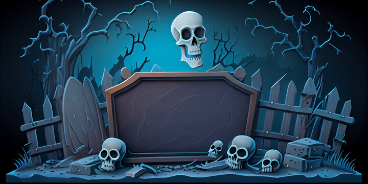 halloween 2023 sales banner background with a skeleton holding a banner