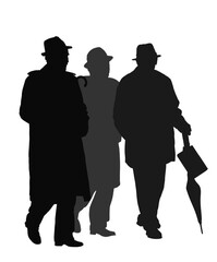 Elegant old crew man walking vector silhouette illustration isolated on white. Mister senior friends gentleman in suit hat umbrella. Grandpa mature. Old retail people. Grandfather golden age memories