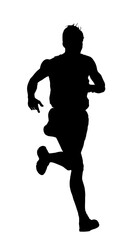 Fototapeta na wymiar Sprinter runner vector silhouette illustration isolated on white background. Marathon racer running silhouette. Sport man activity shape. Athlete boy in explosive start of race. Muscular male focus.