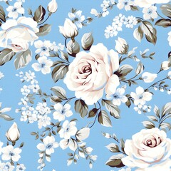 Pretty blue seamless rose pattern background, created with generative AI technology