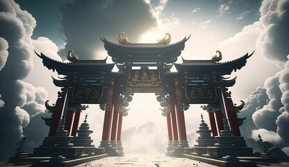 Naklejka premium Ancient Fantasy Torii Gate in the Rain, Concept Art, Digital Illustration