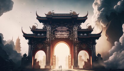 Ancient Fantasy Torii Gate in the Rain, Concept Art, Digital Illustration