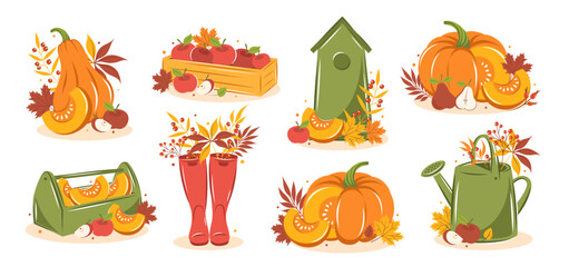 Hello autumn. Set of garden decor, pumpkins, wellies boots, watering can and autumn leaves. Gardening, growing plants. Happy thanksgiving. Vector illustration.
