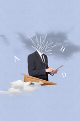 Vertical picture collage of headless absurd confusion complicated businessman wear formal clothes...