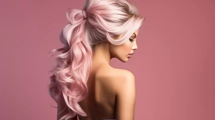 Foto op Plexiglas trendy women's hair styling blonde large curls. girl in profile with professional hair styling, back view. Pink shades © masyastadnikova