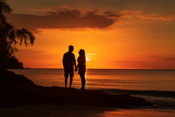 Couple relaxing at tropical beach resort and talking together at sunset, summer vacation holidays destination. Generative AI
