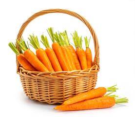 Fresh orange carrots in a wicker basket isolated on white background