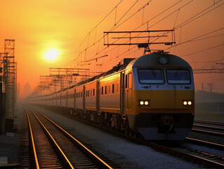 Fototapeta na wymiar passenger train traveling on railroad tracks at sunset