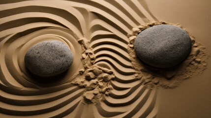 two rocks on sand with a wave pattern ,Japanese zen garden wallpaper