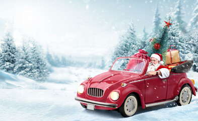 Santa Claus in Red car delivering christmas tree and gifts at snowy background. Christmas card - 623446613