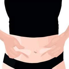 Women touch fat on the belly with excessive weight. loose and excess skin on the abdomen. Fat female in black underwear 
