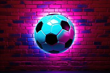 Soccer ball, neon lights, block wall in the background. Generative AI