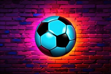 Soccer ball, neon lights, block wall in the background. Generative AI