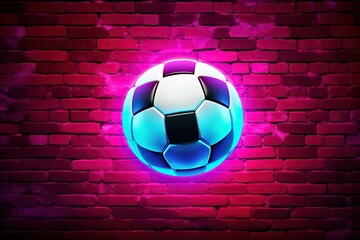 Soccer ball, neon lights, block wall in the background. Generative AI
