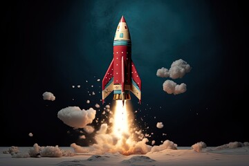 Rocket illustration, business and startup concept, blue background. Generative AI