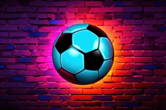 Soccer ball, neon lights, block wall in the background. Generative AI © Deivison