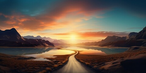 Fototapeta na wymiar The empty road leading to the lake by sunset, adventure-themed, landscape vistas. generative ai