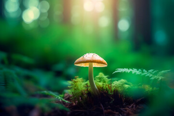 Close up mushroom in a forest. Generative AI