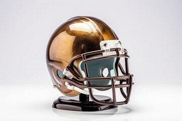 Naklejka premium Golden trophy with American football helmet, white background. Generative AI