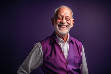 Obraz premium Lifestyle portrait photography of a grinning old man wearing an elegant long-sleeve shirt against a deep purple background. With generative AI technology