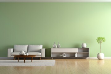 Modern living room with sofa, light green tones, architecture concept. Generative AI