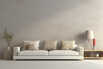 Modern living room with sofa, light gray tones, architecture concept. Generative AI