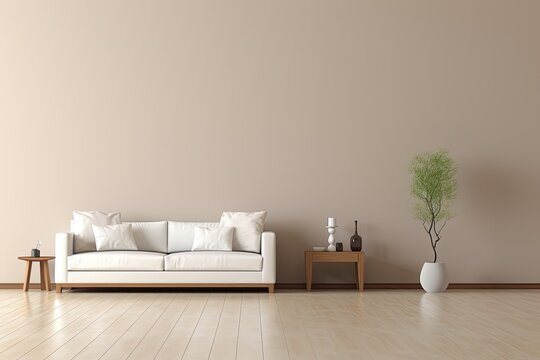 Modern living room with sofa, light gray tones, architecture concept. Generative AI