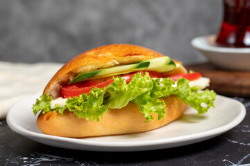 Sandwich with cheese, tomato, cucumber and lettuce. Delicious sandwich on dark background. Close up