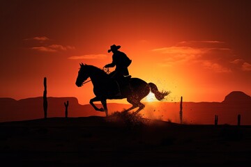 Cowboy silhouette on horse, landscape with sunset in background. Generative AI