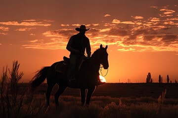 Fototapeta na wymiar Cowboy silhouette on horse, landscape with sunset in background. Generative AI