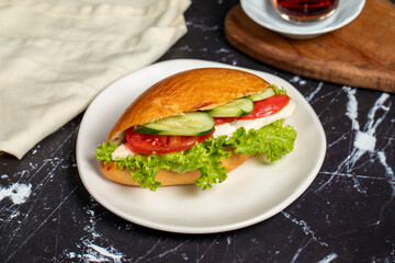 Sandwich with cheese, tomato, cucumber and lettuce. Delicious sandwich on dark background