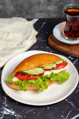 Sandwich with cheese, tomato, cucumber and lettuce. Delicious sandwich on dark background