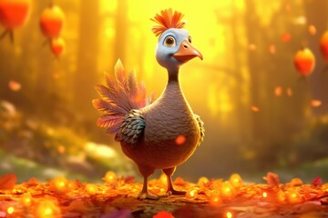 3D little cute turkey bird , autumn background