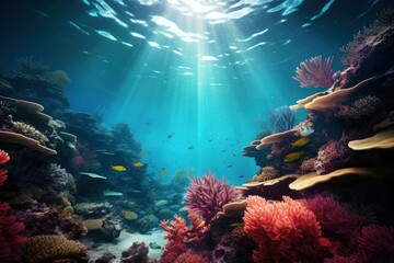 Fototapeta na wymiar Seabed scene with fish corals, marine life concept. Generative AI