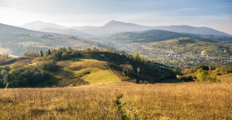 Foto op Aluminium Foggy summer landscape with green rural field in the Alps with beautiful fresh green mountain pastures and mountain tops in the background. Rich harvest concept. Creative image. Carpathian mountains © jenyateua