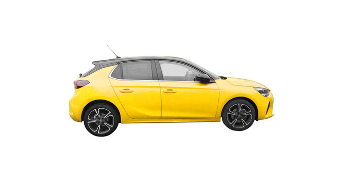 YELLOW OPEL CORSA SIDE VIEW ISOLATED ON WHITE, OPEL CORSA CAR PNG TRANSPARENT 