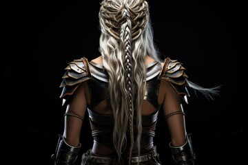Fototapeta na wymiar Viking warrior woman from the back, black background. Generative AI