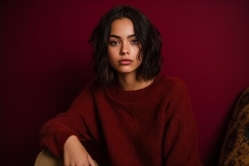 Fototapeta premium Photography in the style of pensive portraiture of a tender girl in her 20s wearing a cozy sweater against a burgundy red background. With generative AI technology