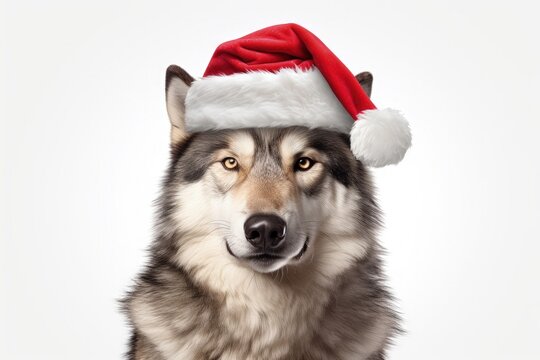 Wolf in Santa Claus hat, Christmas concept, white background. Generative AI