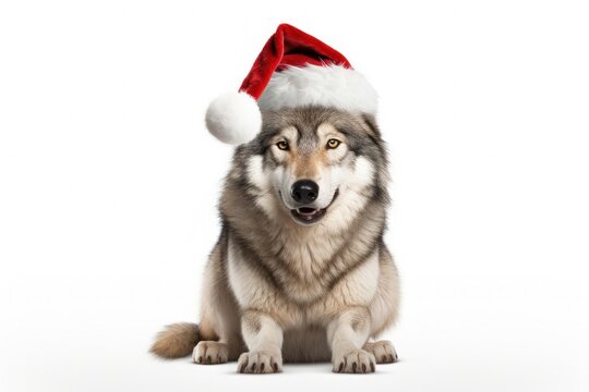 Wolf in Santa Claus hat, Christmas concept, white background. Generative AI