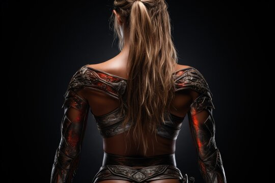 Viking warrior woman from the back, black background. Generative AI
