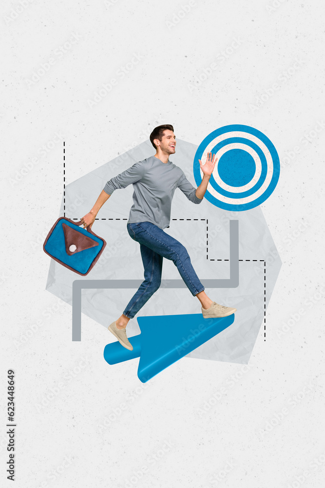 Poster Vertical collage image of cheerful mini guy running big arrow pointer hold plasticine briefcase darts board goal isolated on white background