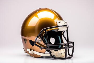 Fototapeta premium Golden trophy with American football helmet, white background. Generative AI