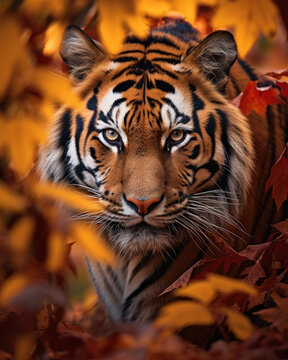 Generated photorealistic image of a tiger in the autumn forest