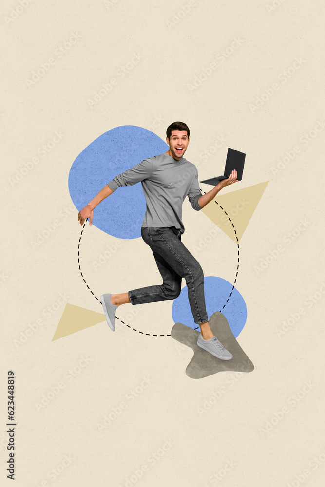 Aufkleber Vertical collage image of excited positive guy use netbook run arrow pointer cursor isolated on creative painted background