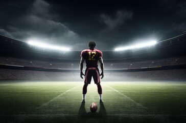 Fototapeta na wymiar American football player, stadium in the background. Generative AI