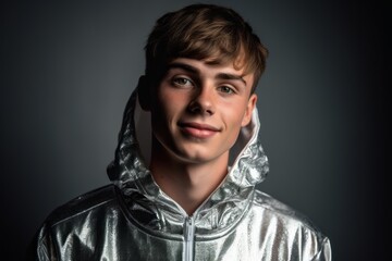 Fototapeta premium Close-up portrait photography of a satisfied boy in his 20s wearing a comfortable tracksuit against a metallic silver background. With generative AI technology