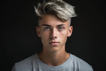 Close-up portrait photography of a tender boy in his 20s wearing a casual t-shirt against a metallic silver background. With generative AI technology