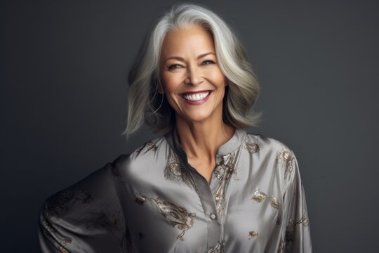 Medium shot portrait photography of a happy mature woman wearing a sophisticated blouse against a metallic silver background. With generative AI technology