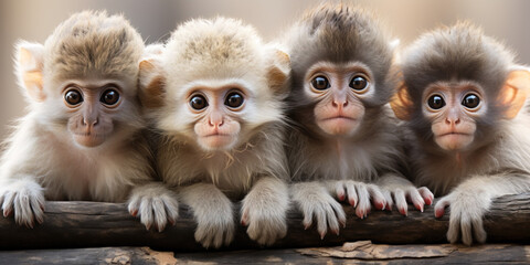 Fototapeta premium Wildlife zoo safari africa monkeys animals banner panorama long - Collection close up of group of monkey family with baby portrait, isolated on white background.